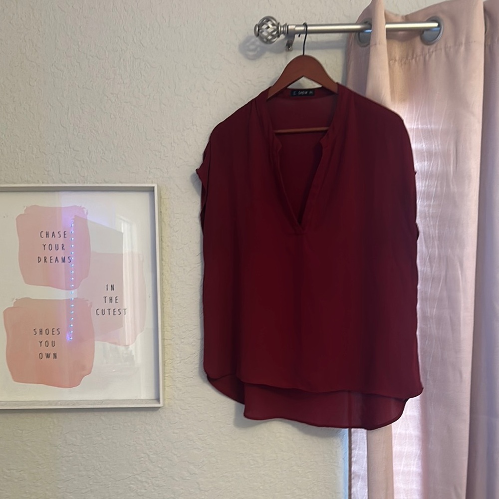 SHEIN Red V-Neck Blouse with Long Sleeves